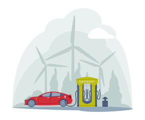 Electricity Filling Station with Wind Generator as Facility for Motor Vehicle Vector Illustration