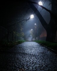 Vertical shot of wet cobblestone road by the park illuminated by lanterns at night - obrazy, fototapety, plakaty
