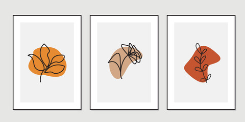 Set of minimalist botanical line art composition with leaves abstract collage