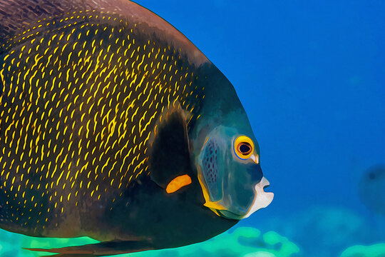 Digitally created watercolor painting of an adult French Angelfish Pomacanthus paru in a blue ocean