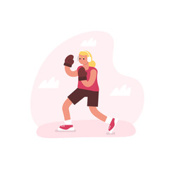 Cartoon character of young athletic woman in headphones boxing. Boosting confidence with sports and workouts. Regular physical activity. Time to loss weight. Vector