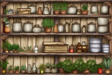 Naklejka na ściany i meble old wooden shelf or tables with candles and stones rustic rural kitchen plants and decorations provide a calm atmosphere. plants, shelves, and appliances Illustration of an architectural interior