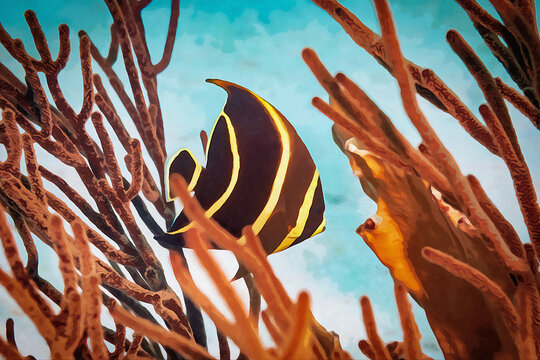 Digitally created watercolor painting of Juvenile French Angelfish Pomacanthus paru swimming over the coral reef