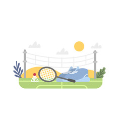 Colored items concerning doing sports and playing tennis outdoor. Healthy and active lifestyle. Regular physical activity. Time for entertainment and workout. Vector