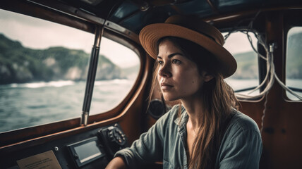 Fototapeta na wymiar Woman travels across lake in boat. Generative AI