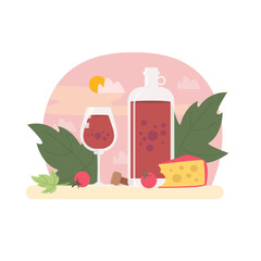 Colored items of organic wine in jug, glass and cheese. Tasting homemade wine with snack. Time for drinking natural wine. Alcohol drinks from natural ingredients. Wine production industry. Vector