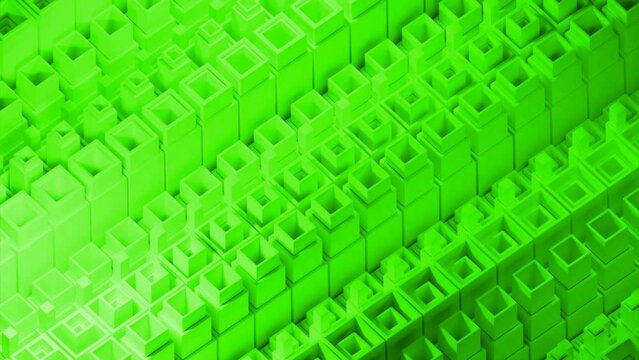 Green and turquoise bright backgrounds. Design. Bright lines of squares rising and falling singly made in cartoon animation.