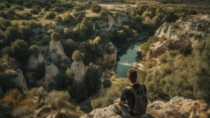 A boy by the canyon through which the river flows. Generative AI