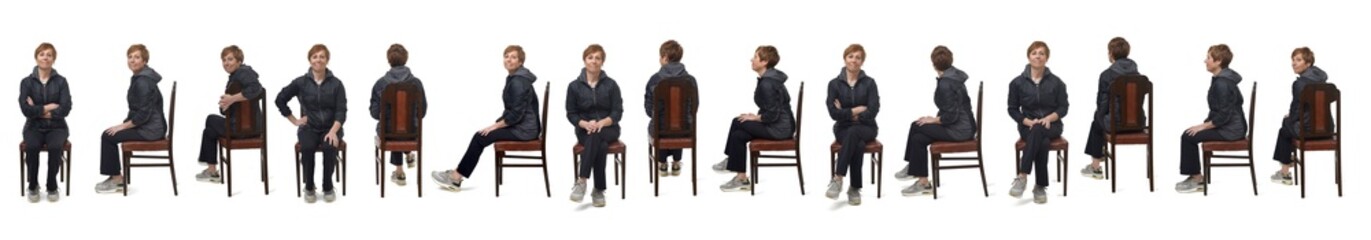 Obraz premium line of a group of the same woman dressed in sportswear and sitting on a chair on white background.