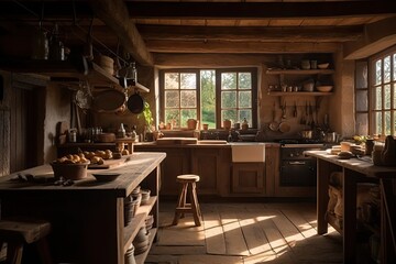 Fototapeta na wymiar Old kitchen in a country house. vintage decor. Wooden furniture and a window through which the sun's rays fall. Generative AI.