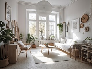 bright white cheerful studio apartment in the Scandinavian style. generative ai