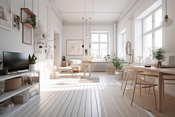 Fototapeta na wymiar modern bright living room. White walls and wooden furniture in sunny day. Scandinavian style. generative ai