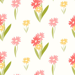Seamless pattern of hand drawn wild flowers on isolated background. Design for springtime, Mother’s day, Easter celebration, scrapbooking, nursery decor, home decor, paper crafts.