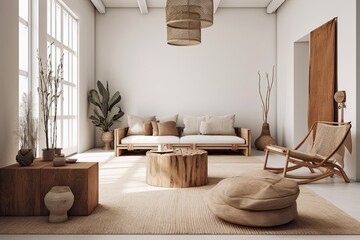 A studio apartment decorated in a Boho style. Warm pastel white and wood are used in the interior. Generative AI