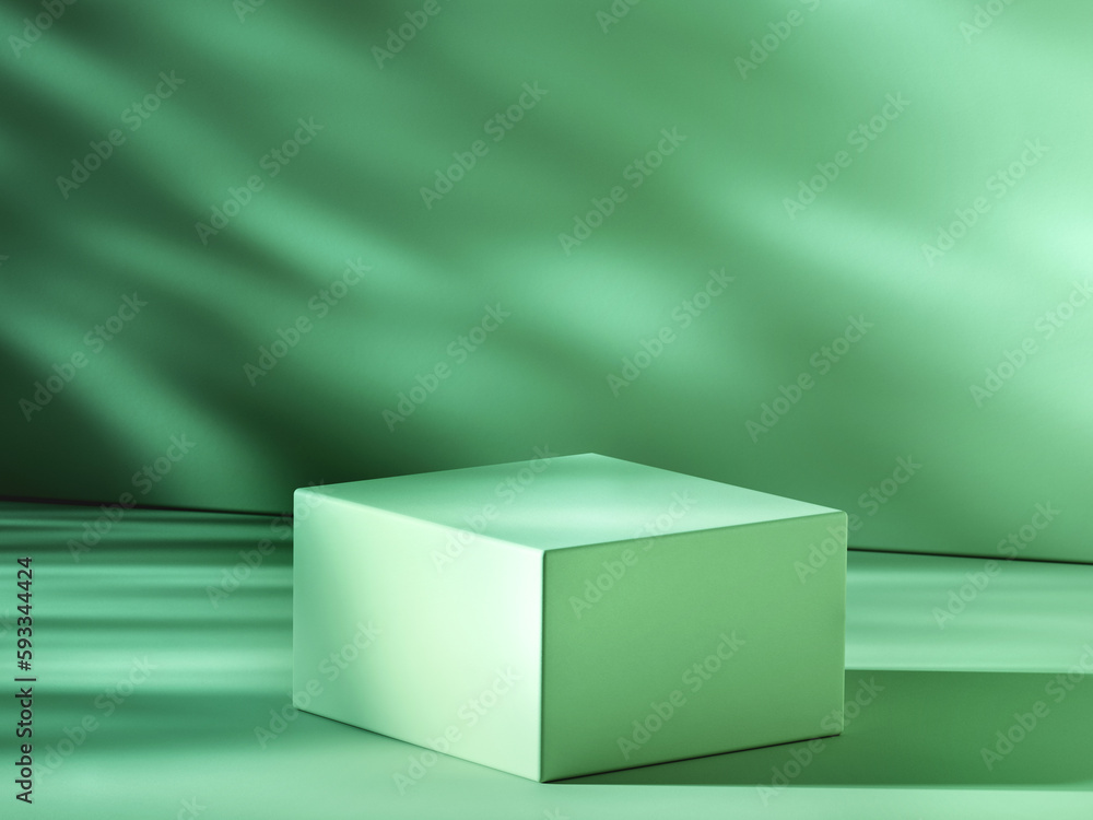 Poster textured green square pedestal. 3d computer graphic template of displaying place for your products. 