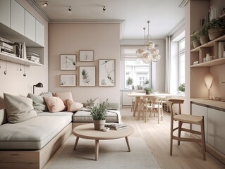 A small studio apartment decorated in a Scandinavian style. Warm pastel white and beige colors are used in the interior. Generative AI