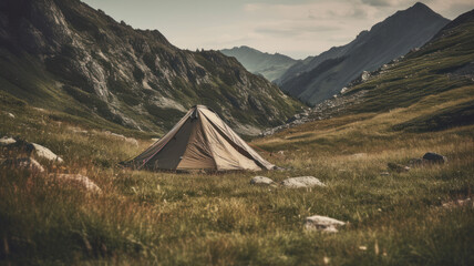 Tent between picturesque mountains, under the open sky. Generative AI