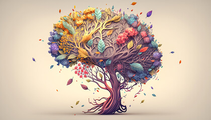 Human brain - tree with flowers self care and mental health concept positive thinking, background. Generative AI