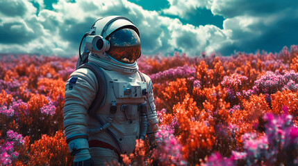 An astronaut in a field of flowers in the blue cloudy sky