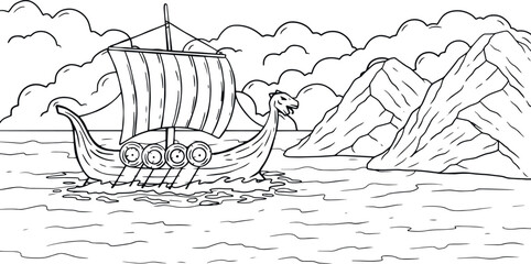 Viking boat at sea. Nordic Drakkar, Swedish warship. Longship with oars. Cartoon scandinavian sailboat for coloring book