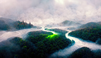 Beautiful morning mountains in fog. generative ai.