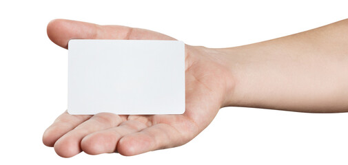 Obraz premium Male hand holding a blank card or a ticket/flyer, cut out