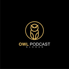 
A golden owl logo framed in a circle on a black background