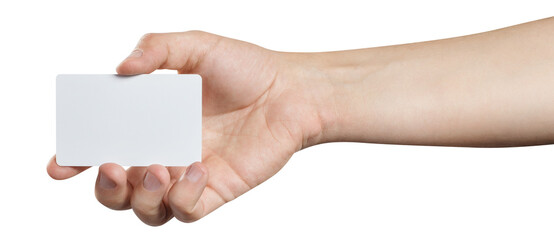 Male hand holding a blank card or a ticket/flyer, cut out
