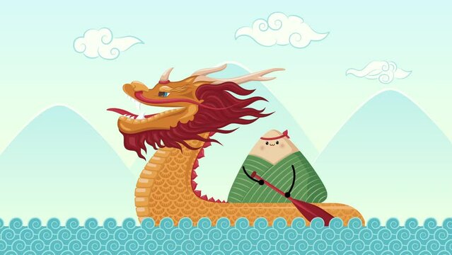 Cartoon Color Dragon Boat Festival Concept Animation Effect with Character Chinese Rice Dumpling Wrapped by Green Bamboo Leafs or Zongzi. illustration