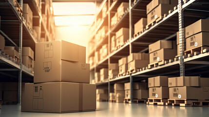 warehouse with pile of cardboxes, industrial storage, cargo and shipping logistic