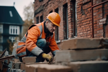 construction worker in helmet and overalls working with bricks on construction site. Generative AI