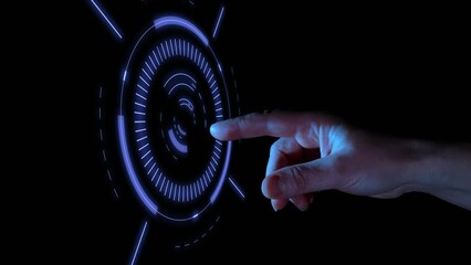 Human hand pressing virtual interactive button on black background.