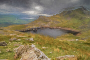 Digital painting of Stwlan Dam and the Moelwyn mountains.