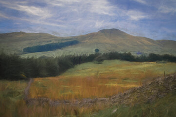 Digital painting of a dry stone wall cuts through the vista of green trees, fields and hills in the Peak District National park.