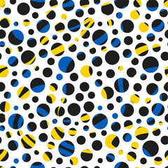 Abstract seamless pattern consisting of large small circles of different sizes and wavy lines. yellow black blue flowers on white background