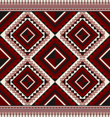 Ethnic folk geometric seamless pattern in red, white and black tone in vector illustration design for fabric, mat, carpet, scarf, wrapping paper, tile and more