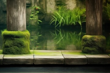 Ancient wooden fence in front of pond with abstract background, mossy wood texture, and copy space chosen soft emphasis on fence boards. respect for ecology, space, and the environment. Generative AI