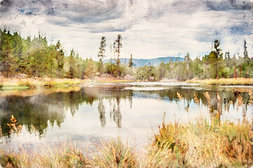 Digitally created watercolor painting of Yellowstone River with smoky sky from the Fishing Bridge in Yellowstone