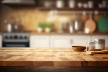 Empty wooden tabletop with blurred kitchen background, Kitchen template Series © MochSjamsul