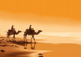 Silhouettes of camel caravan in the Sahara desert at sunset - generative ai