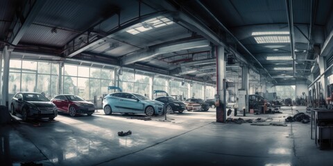 Car service centre, auto repair workshop, blurred panorama - generative ai