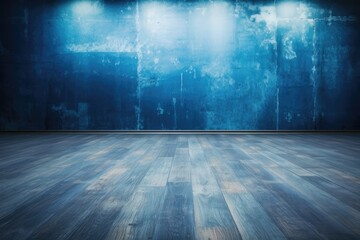 a barren space with a hardwood floor and a blue wall. Generative AI