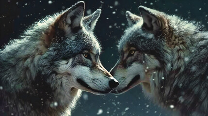 Two grey wolf lovers in the snow fall