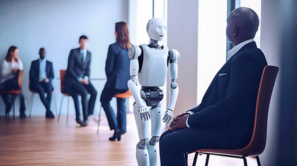 A man and an artificial intelligence robot sit and wait for a job interview. Copy space. Generative IA. 3