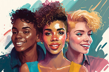 Obraz premium Empowered and vibrant illustration of three multi-ethnic women representing the strength and diversity of the LGBTQ+ community, showcasing the power of women with vibrant colors. Generative AI.