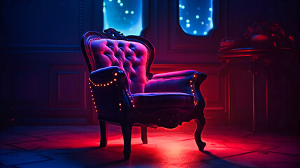 A fancy chair with a neon light in the background,