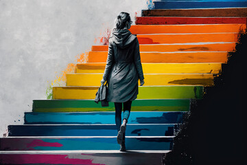Rainbow staircase symbolizes the many obstacles she has overcome on her path towards embracing her identity as a queer woman, and serves as a reminder of strength of LGBTQ+ community. Generative AI.
