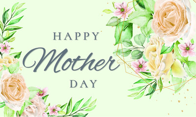 card or banner to wish a happy mother's day in gray on a green background with flowers on each side in pink, yellow and salmon colors