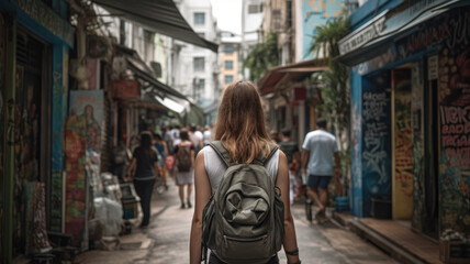 Fototapeta na wymiar Blonydnka, traveler tours Asia. Camera on her back. Generative AI