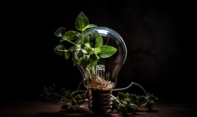  a light bulb with a plant inside of it on top of a wooden table next to a plant sprouting out of the light bulb.  generative ai